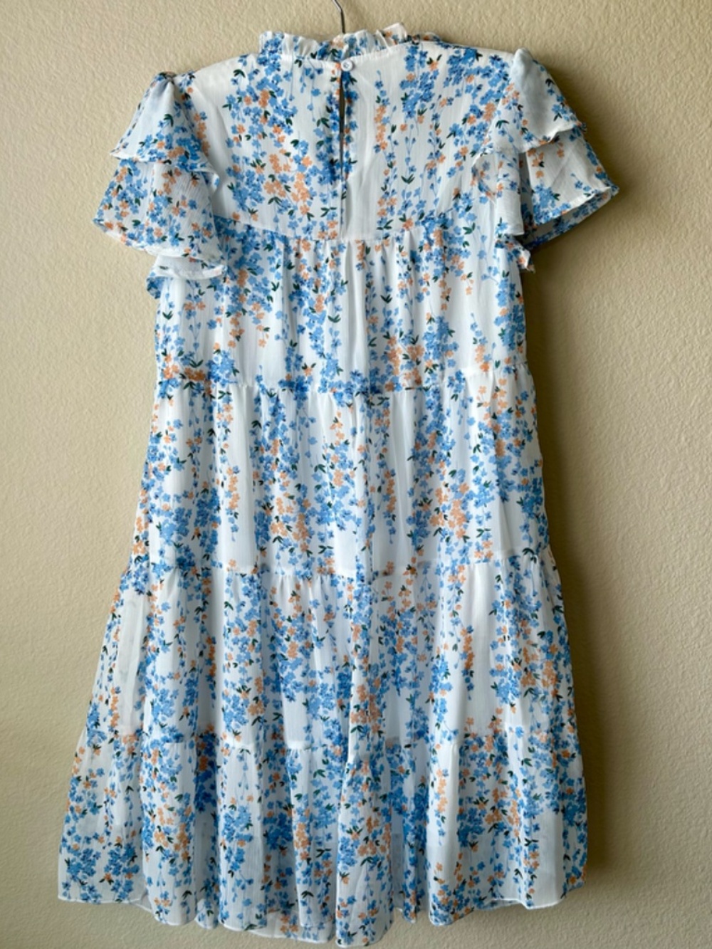 Blue Orange Floral Dress Short Layered Sleeves Ruffle Neck Shein Size Small - Picture 7 of 12